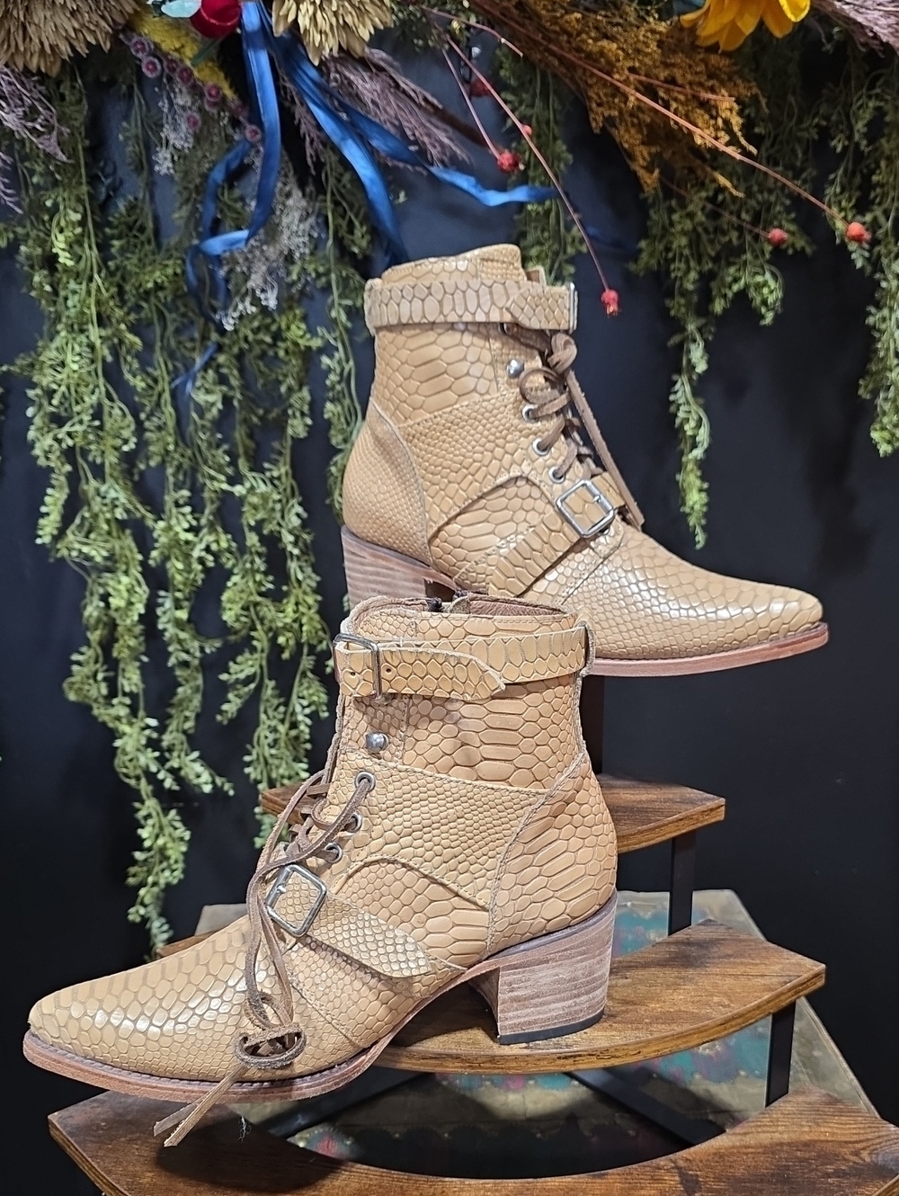 NEW! Freebird by Steven Tan Snake-Texture Lace-Up Ankle Boots with Buckle Strap